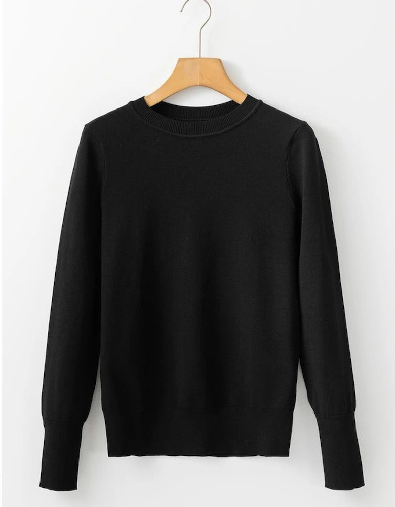 Black Solid Color Slim Fit Lightweight Crew Neck Sweater