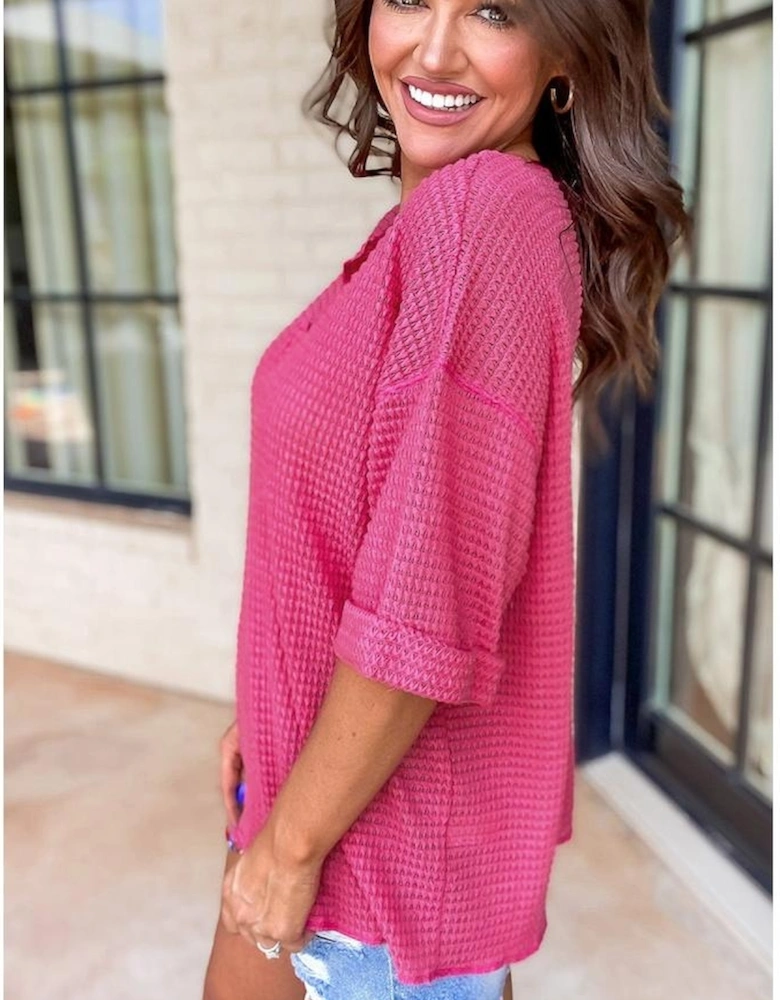 Strawberry Pink Textured Knit Split Neck Cuffed Short Sleeve Top