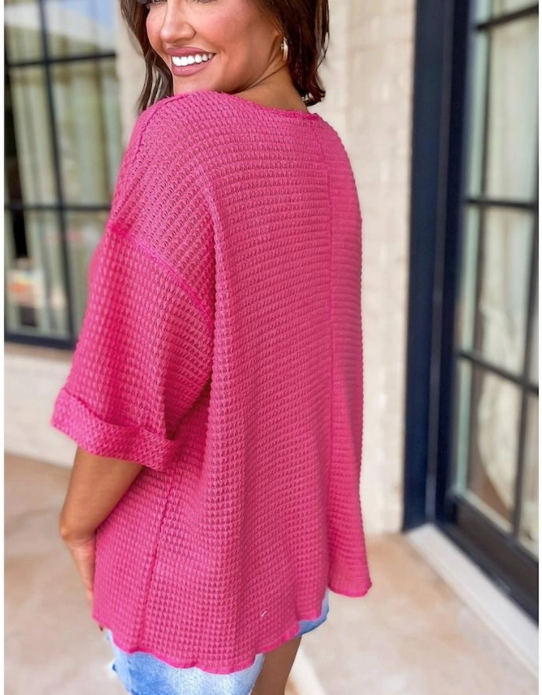 Strawberry Pink Textured Knit Split Neck Cuffed Short Sleeve Top, 6 of 5