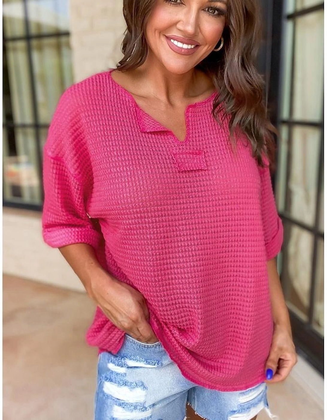 Strawberry Pink Textured Knit Split Neck Cuffed Short Sleeve Top