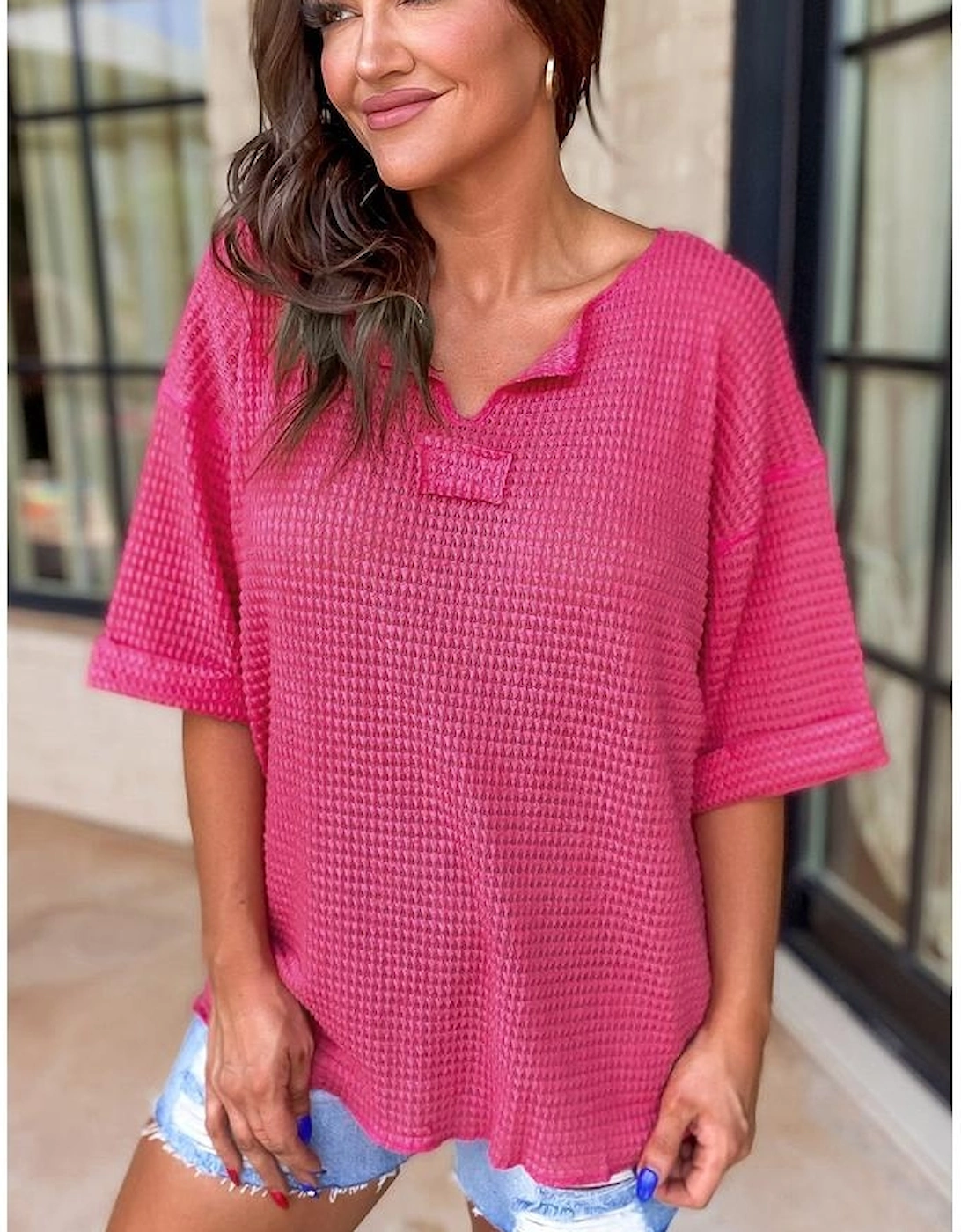 Strawberry Pink Textured Knit Split Neck Cuffed Short Sleeve Top