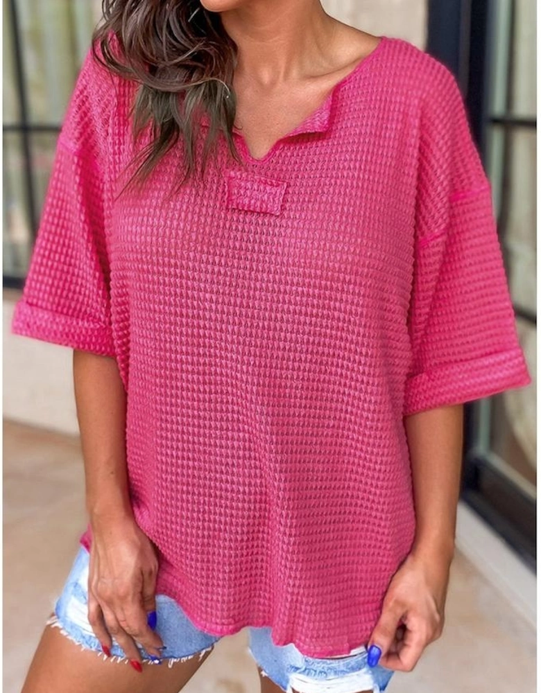 Strawberry Pink Textured Knit Split Neck Cuffed Short Sleeve Top