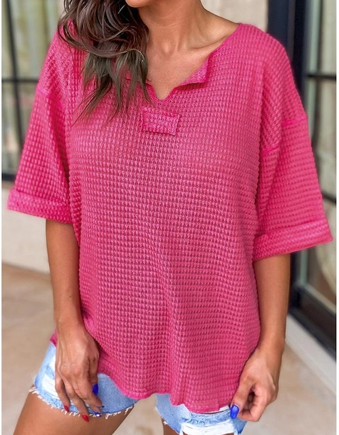 Strawberry Pink Textured Knit Split Neck Cuffed Short Sleeve Top