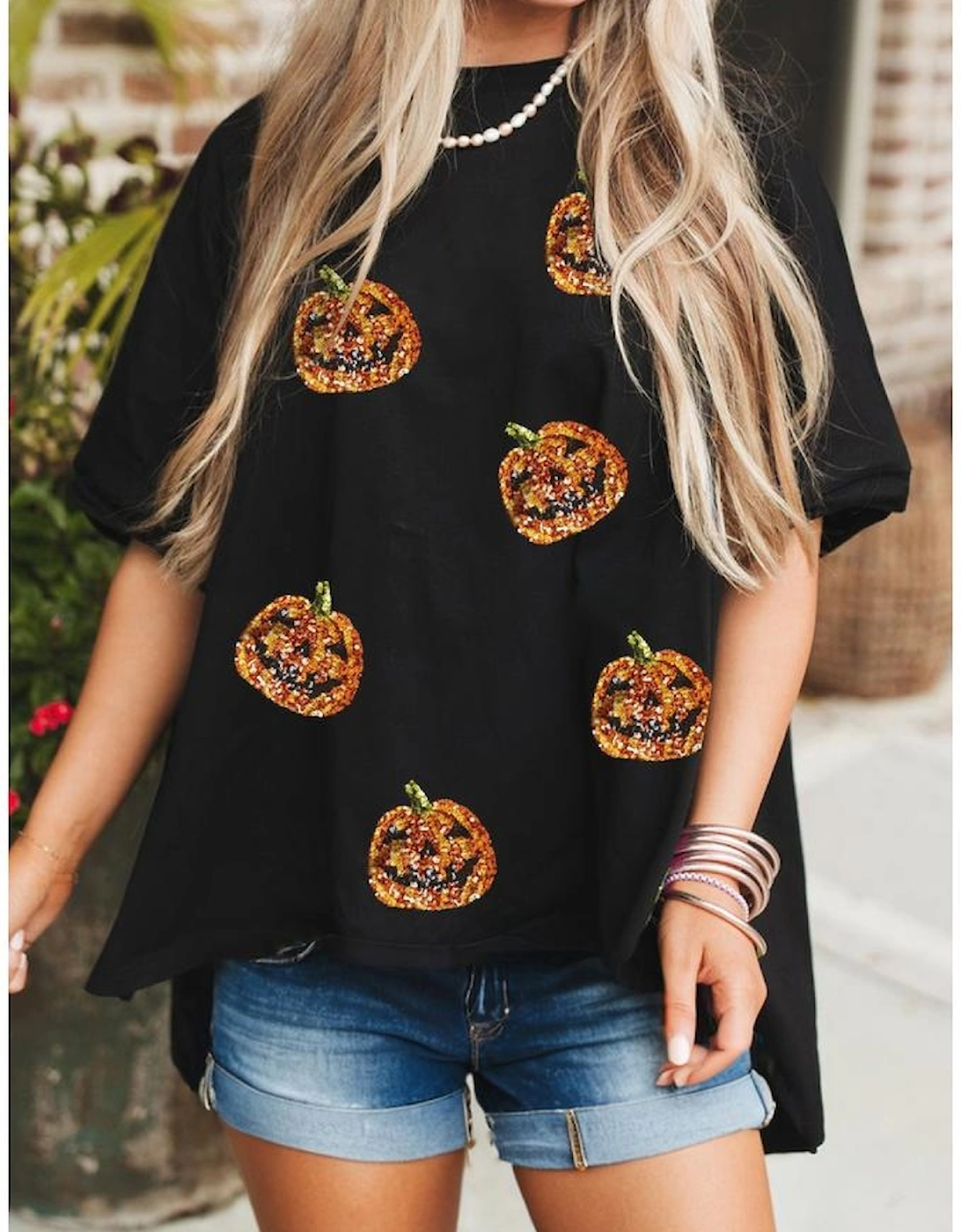 Black Sequin Jack-o-lantern Pattern Halloween Casual Tee