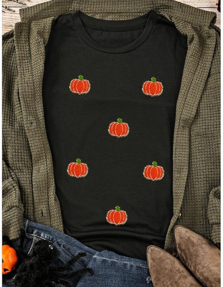 Black Chenille Pumpkin Patched Casual Cotton Blend T Shirt