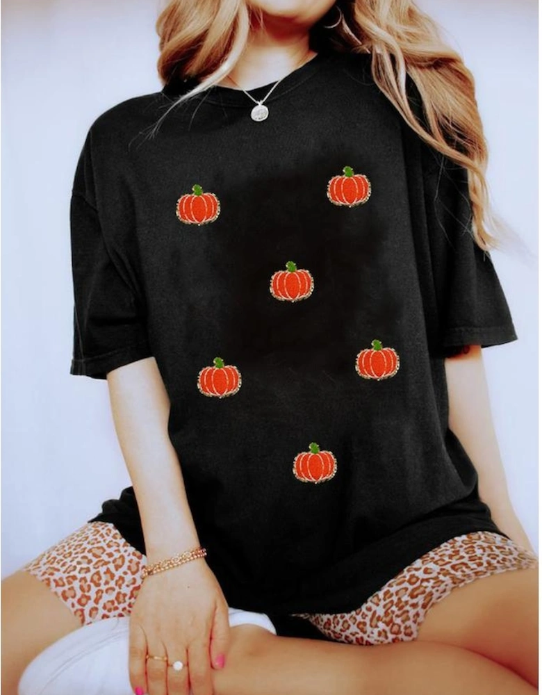 Black Chenille Pumpkin Patched Casual Cotton Blend T Shirt