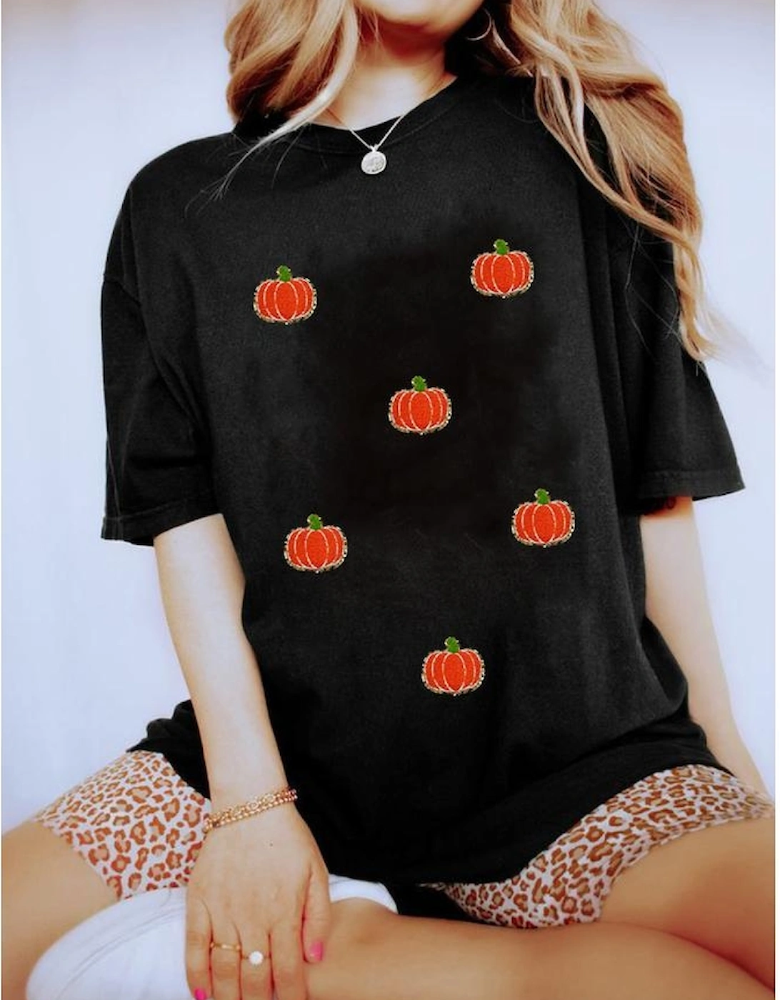 Black Chenille Pumpkin Patched Casual Cotton Blend T Shirt