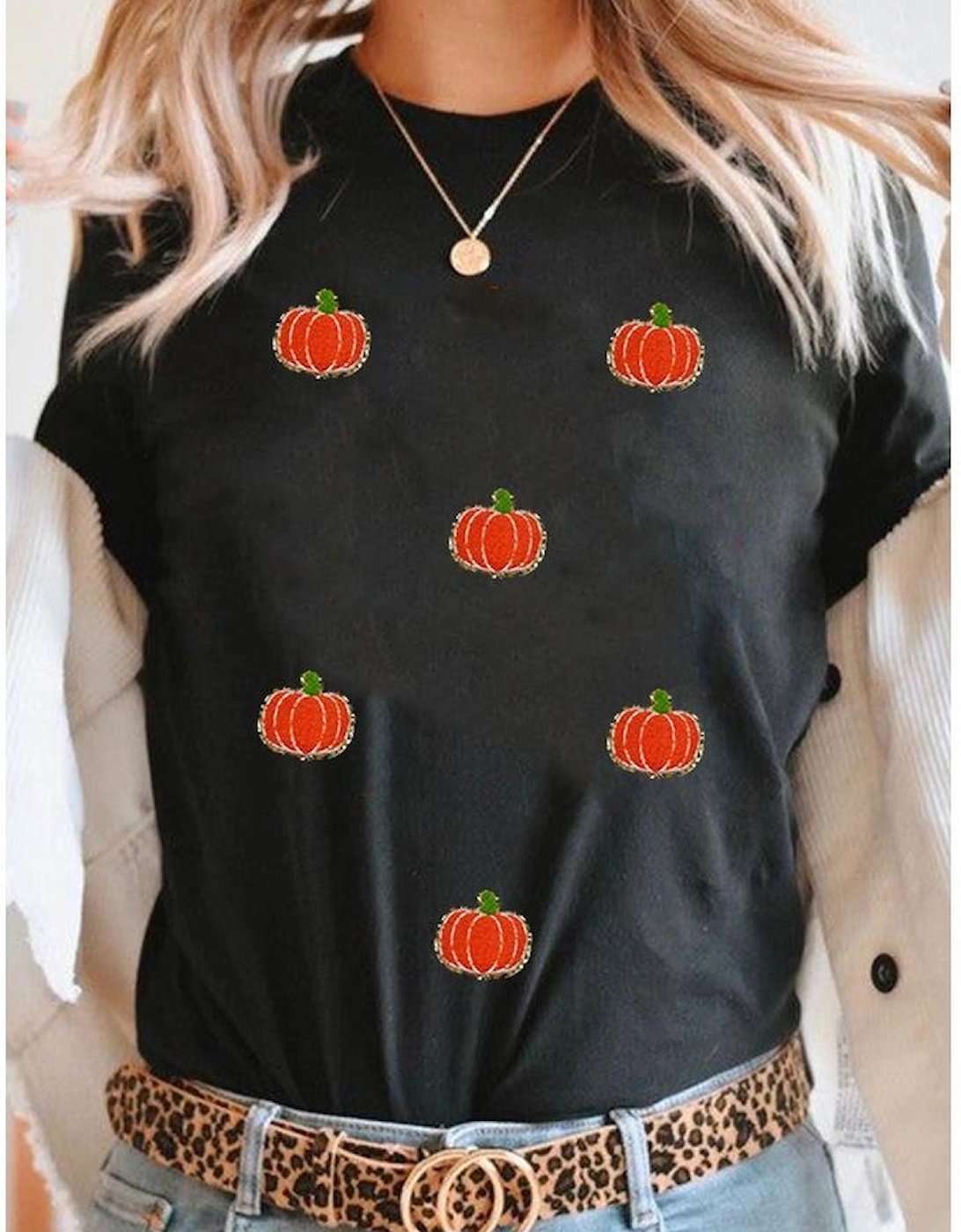 Black Chenille Pumpkin Patched Casual Cotton Blend T Shirt