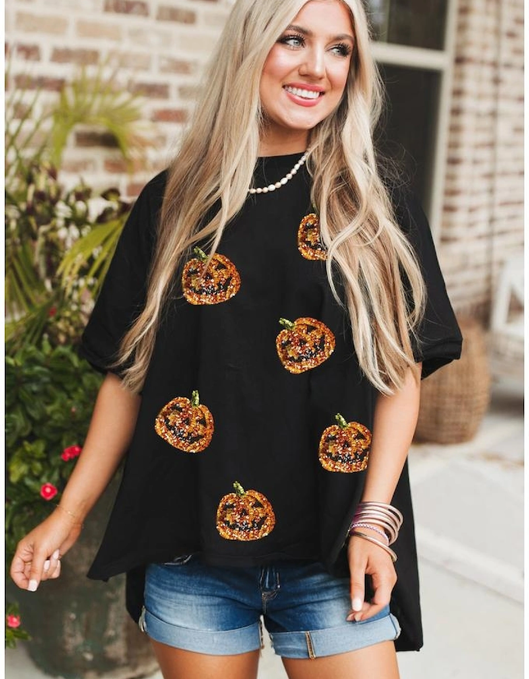 Black Sequin Jack-o-lantern Pattern Halloween Casual Tee, 5 of 4