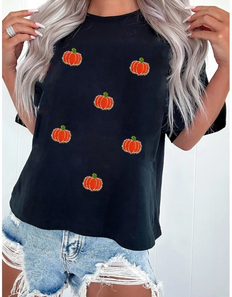 Black Chenille Pumpkin Patched Casual Cotton Blend T Shirt