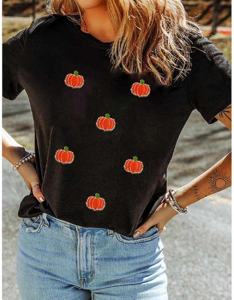 Black Chenille Pumpkin Patched Casual Cotton Blend T Shirt