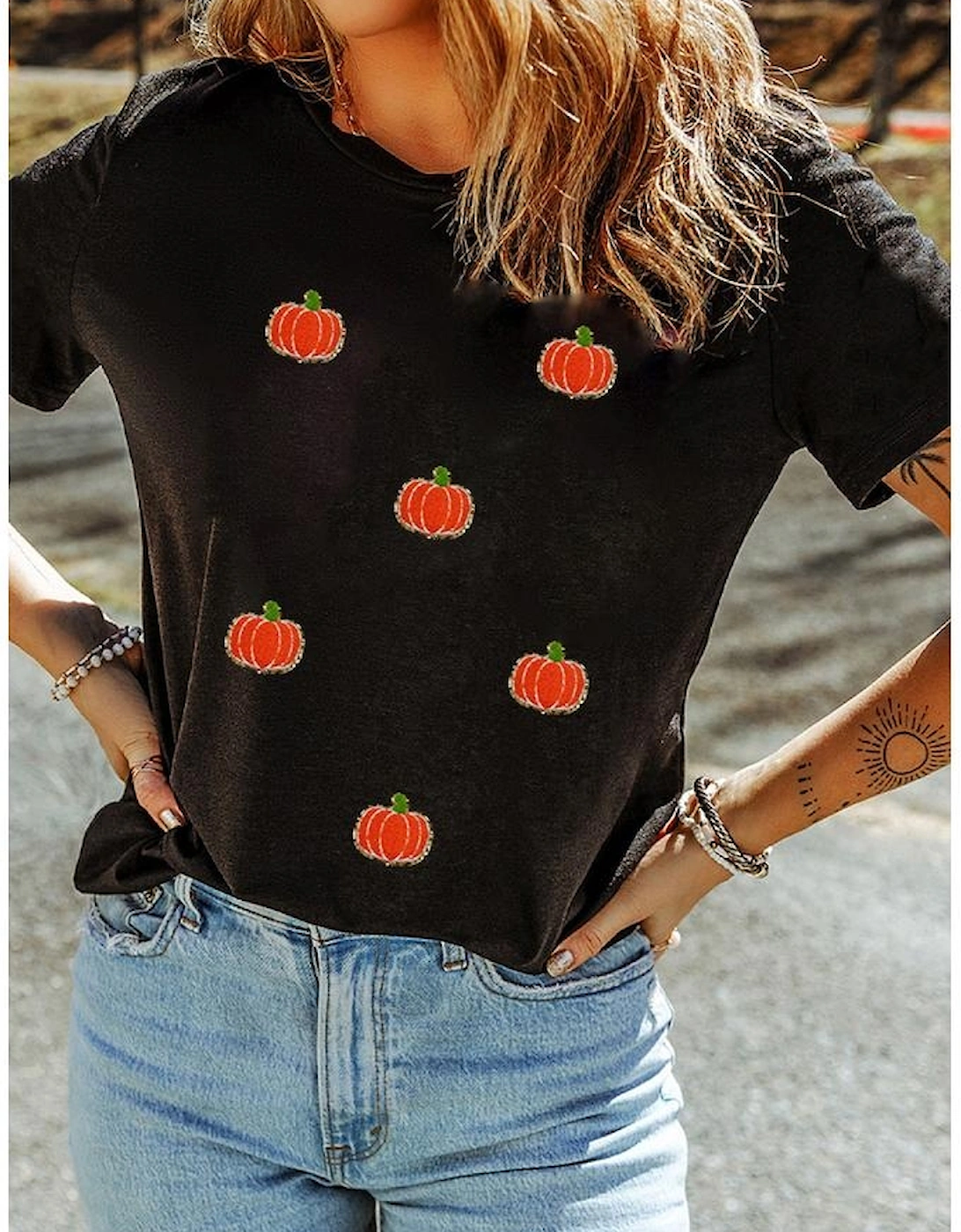 Black Chenille Pumpkin Patched Casual Cotton Blend T Shirt