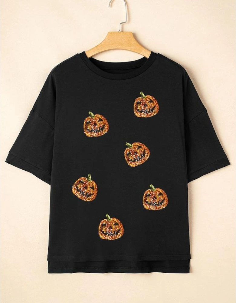 Black Sequin Jack-o-lantern Pattern Halloween Casual Tee