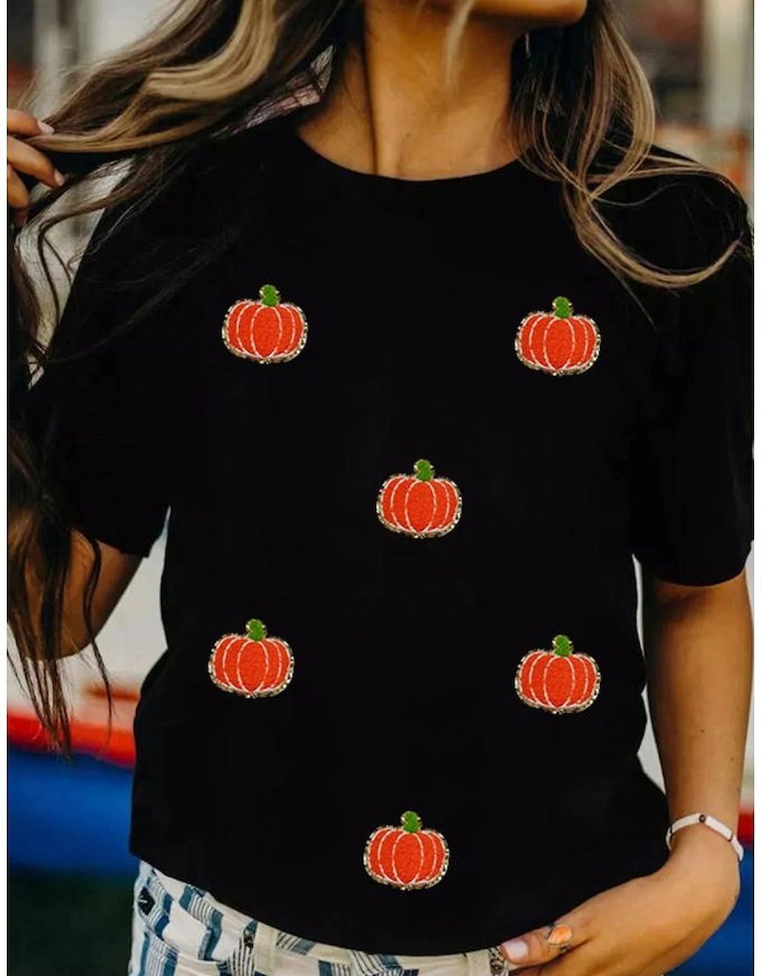 Black Chenille Pumpkin Patched Casual Cotton Blend T Shirt