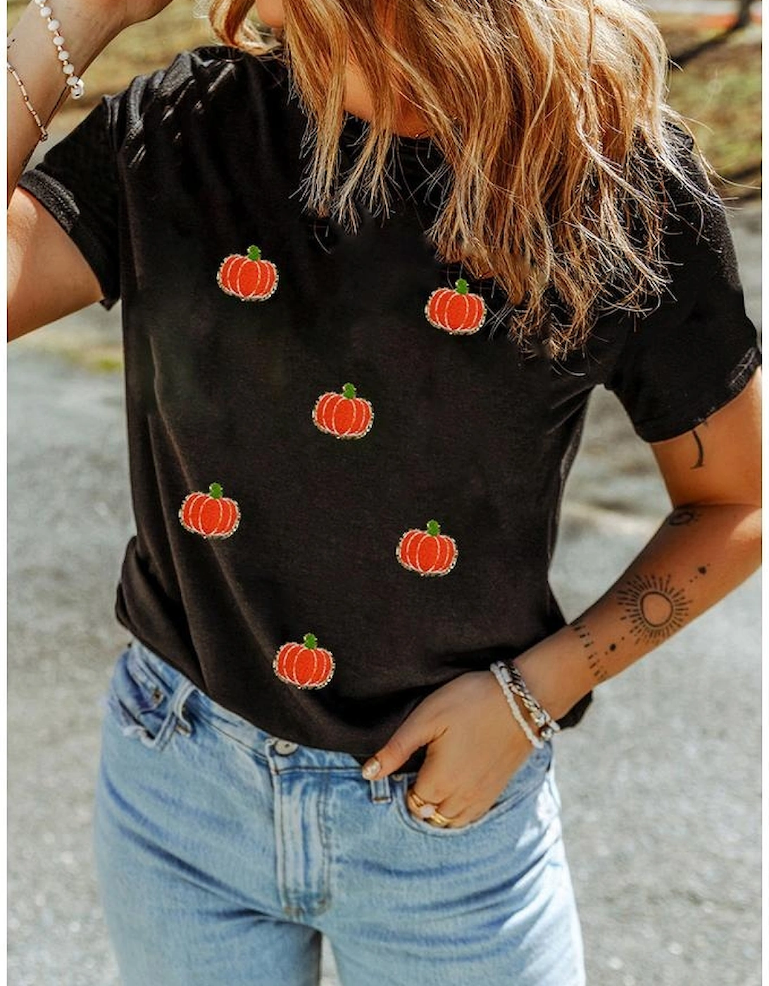 Black Chenille Pumpkin Patched Casual Cotton Blend T Shirt