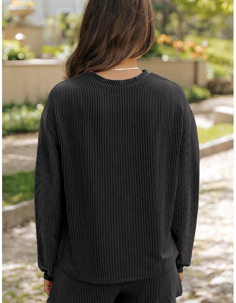 Carbon Grey Corded Knit Long Sleeve Top and High Waist Shorts Set