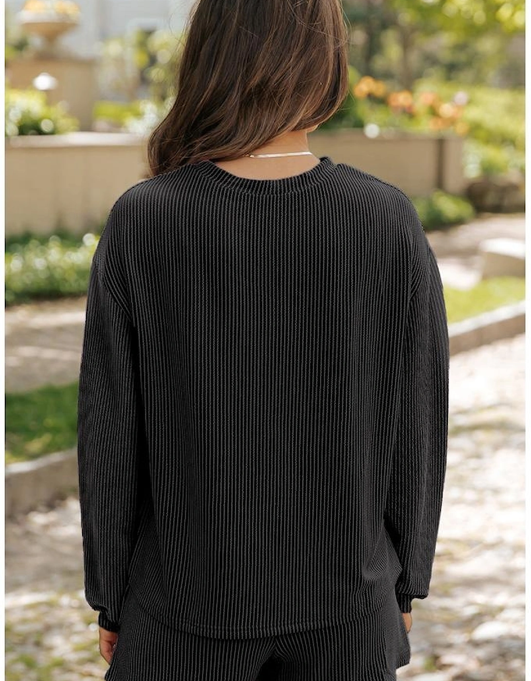 Carbon Grey Corded Knit Long Sleeve Top and High Waist Shorts Set