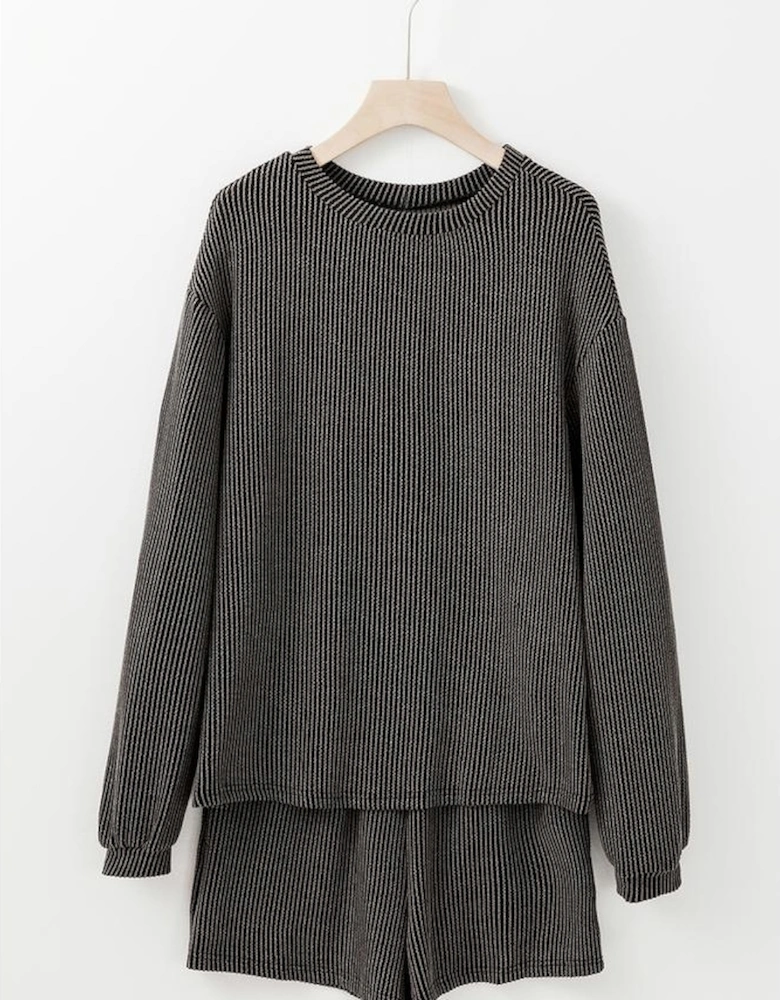 Carbon Grey Corded Knit Long Sleeve Top and High Waist Shorts Set