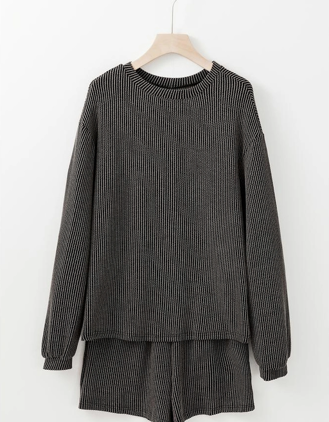 Carbon Grey Corded Knit Long Sleeve Top and High Waist Shorts Set