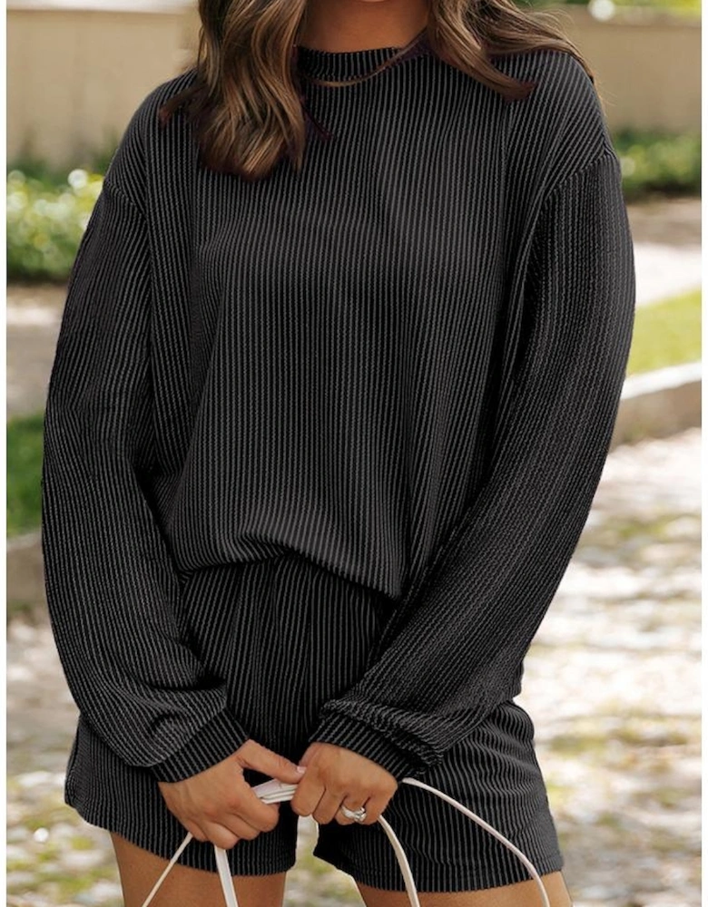 Carbon Grey Corded Knit Long Sleeve Top and High Waist Shorts Set