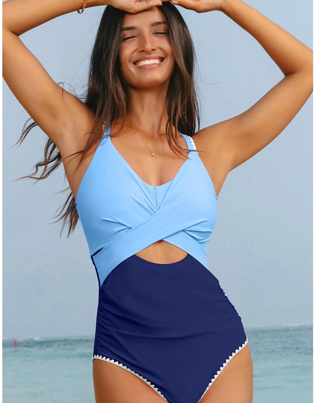 Beau Blue Ric Rac Trim Contrasted Patchwork Cutout One Piece Swimsuit
