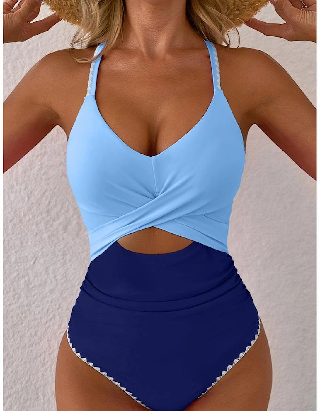 Beau Blue Ric Rac Trim Contrasted Patchwork Cutout One Piece Swimsuit