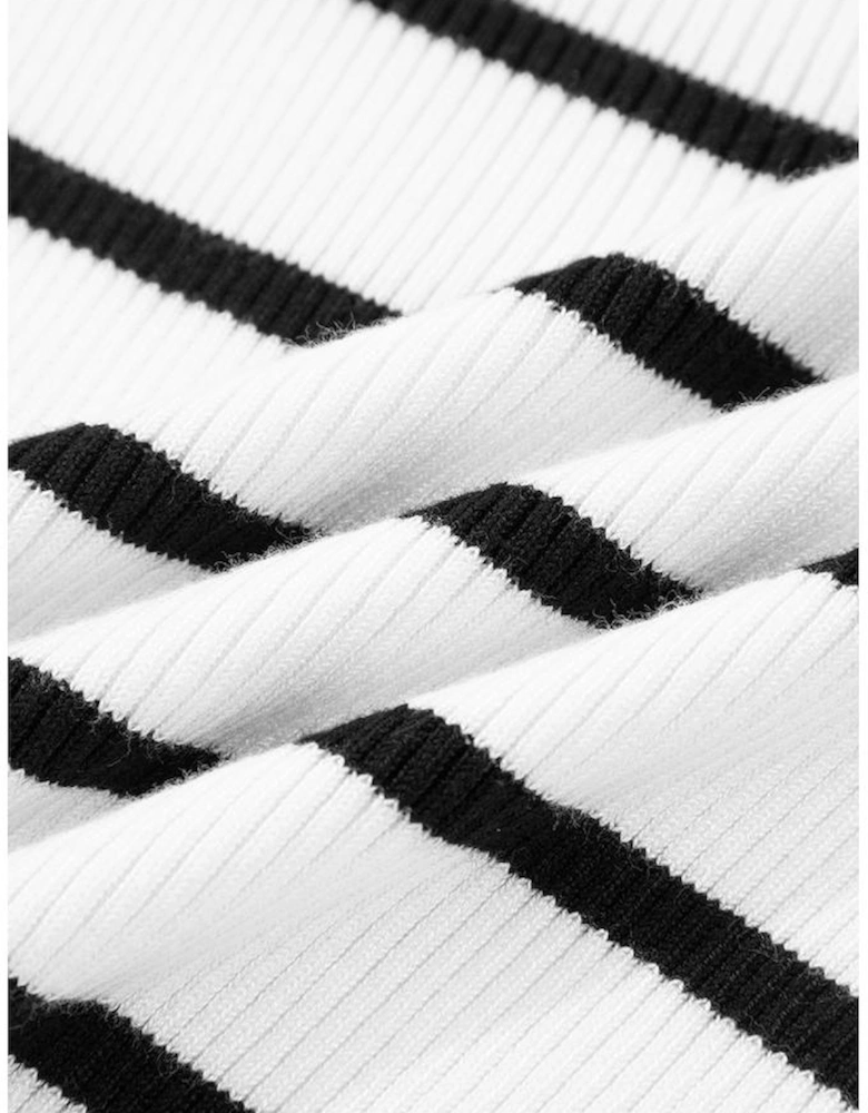 Black white Scalloped Trim U Neck Striped Ribbed Slim Sweater