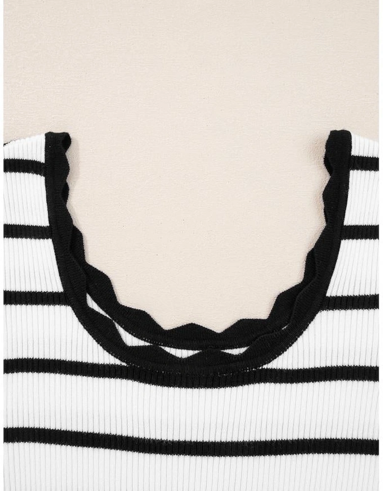 Black white Scalloped Trim U Neck Striped Ribbed Slim Sweater