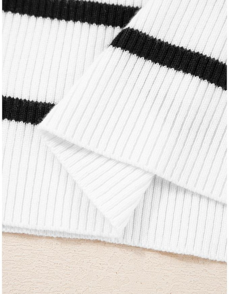 Black white Scalloped Trim U Neck Striped Ribbed Slim Sweater
