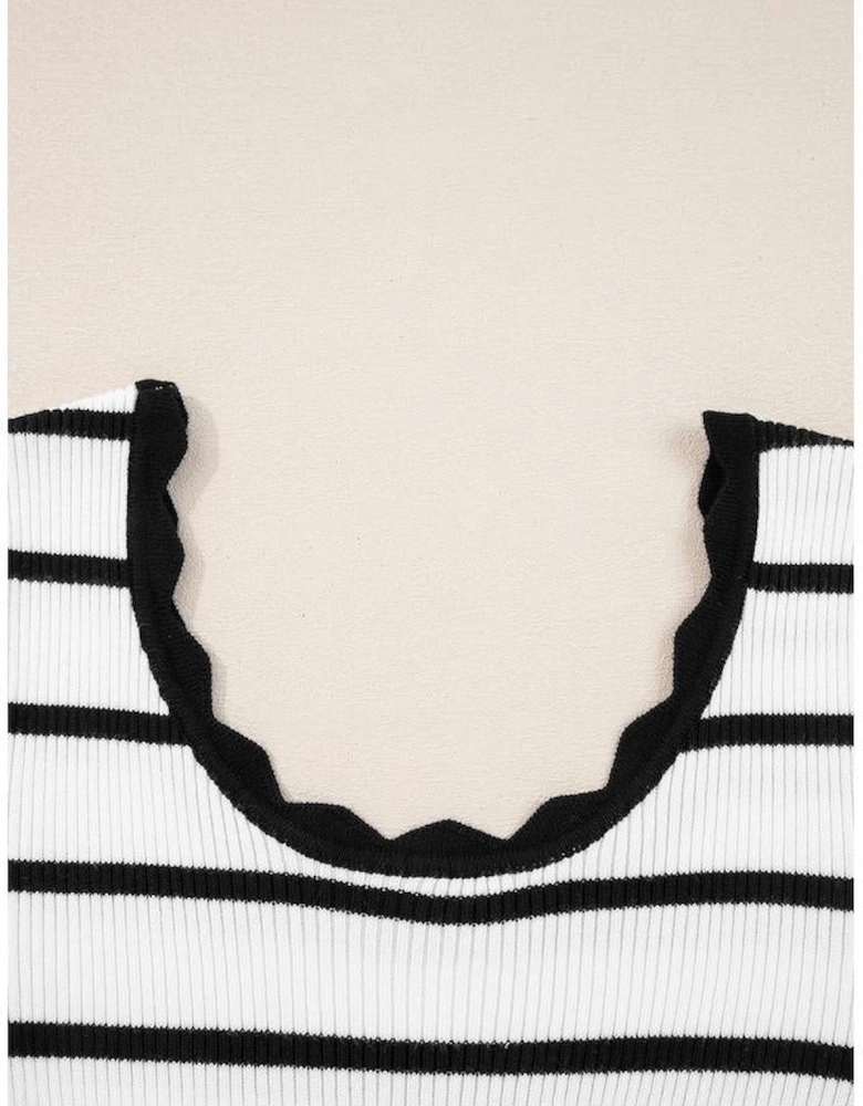 Black white Scalloped Trim U Neck Striped Ribbed Slim Sweater
