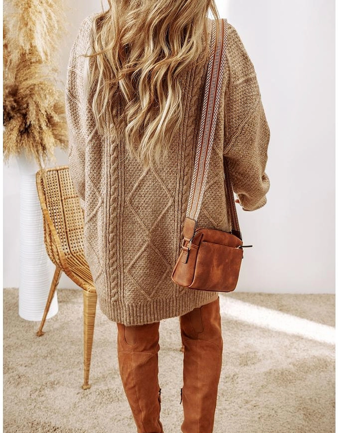 Parchment Cable Knit Drop Shoulder Loose Fit Sweater Dress