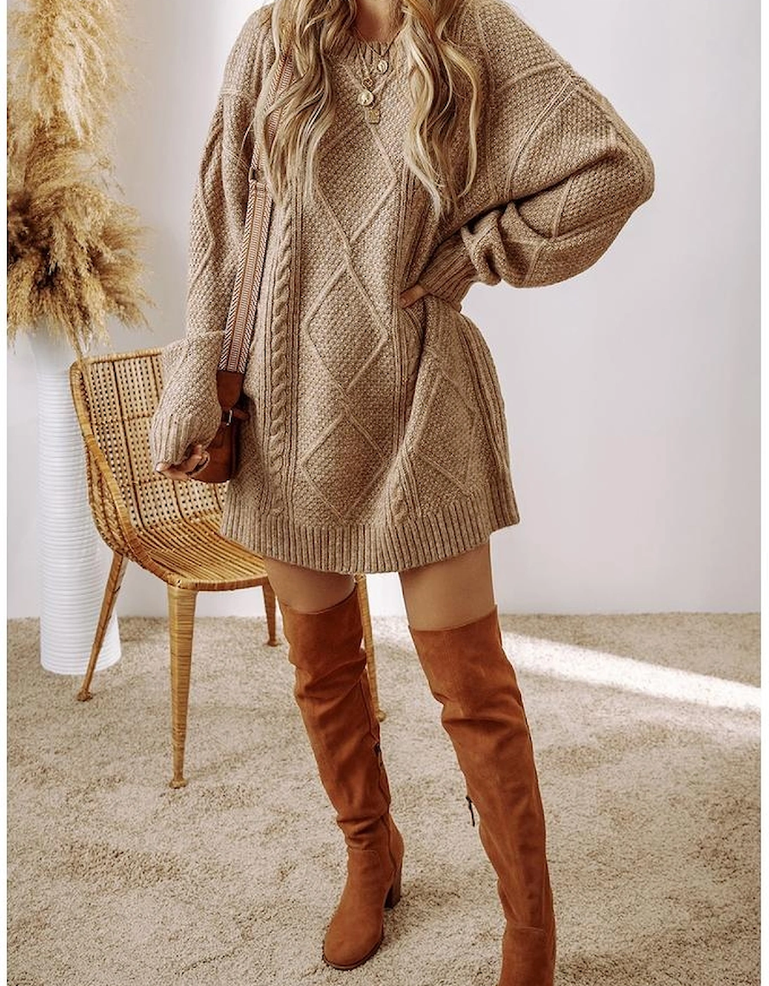 Parchment Cable Knit Drop Shoulder Loose Fit Sweater Dress