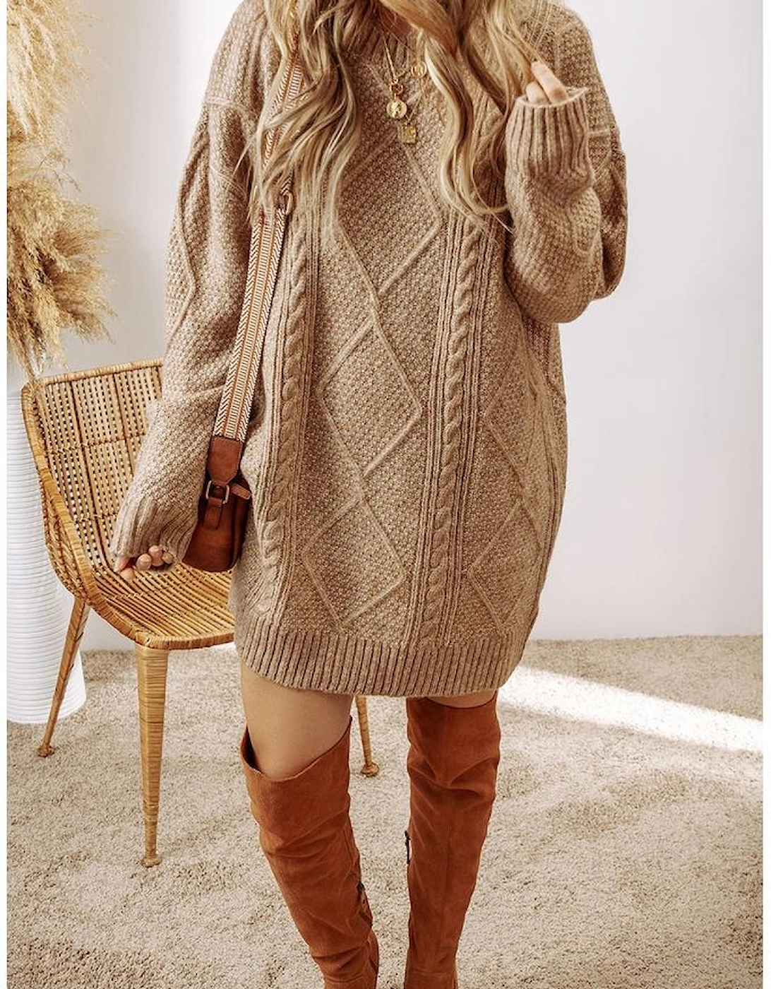 Parchment Cable Knit Drop Shoulder Loose Fit Sweater Dress