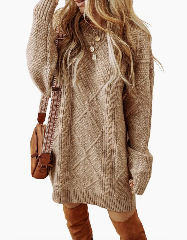 Parchment Cable Knit Drop Shoulder Loose Fit Sweater Dress