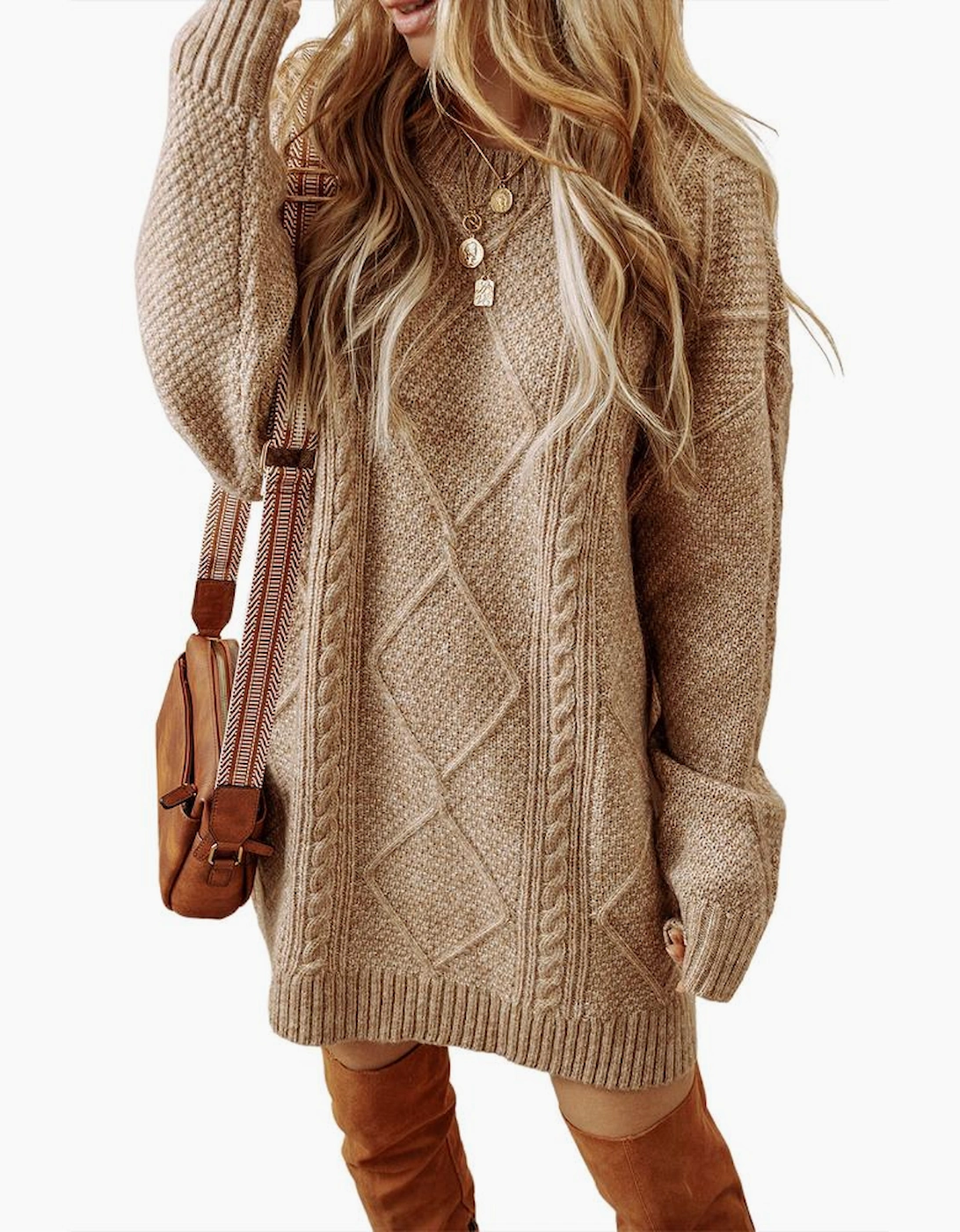 Parchment Cable Knit Drop Shoulder Loose Fit Sweater Dress