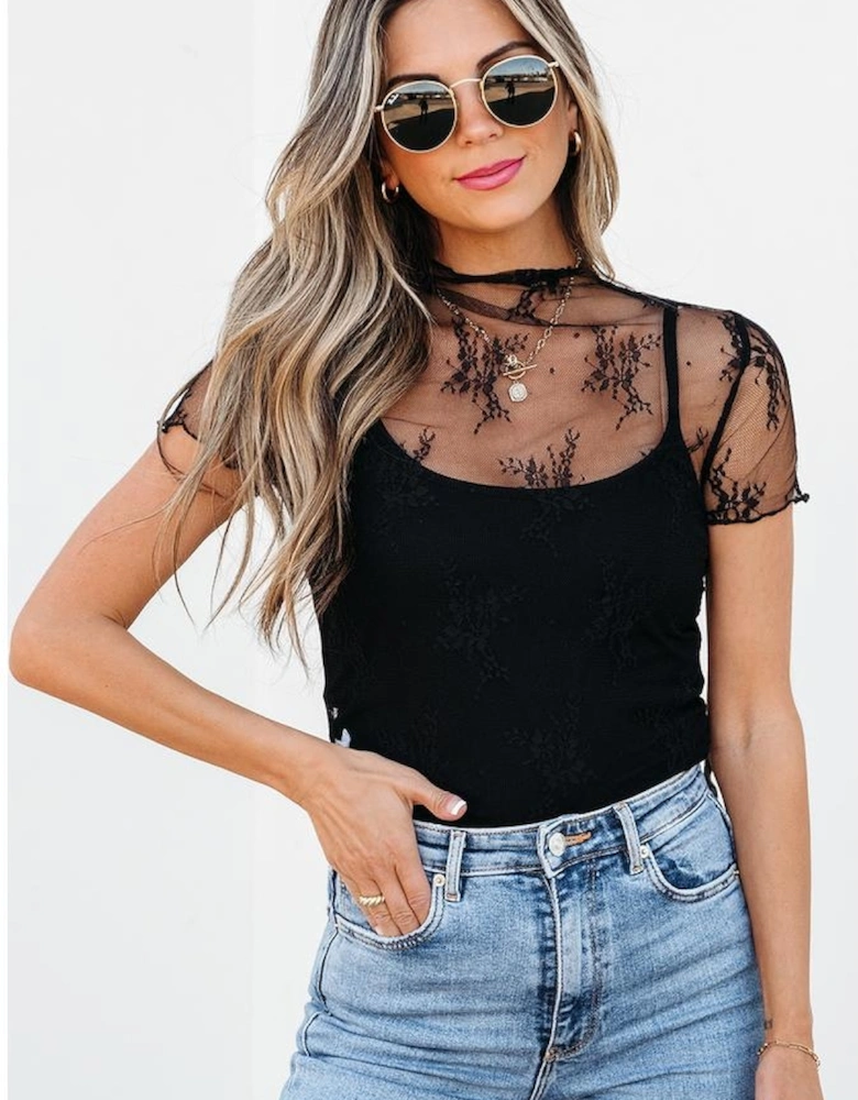 Black Floral Sheer Mesh Short Sleeve Mock Neck Blouse