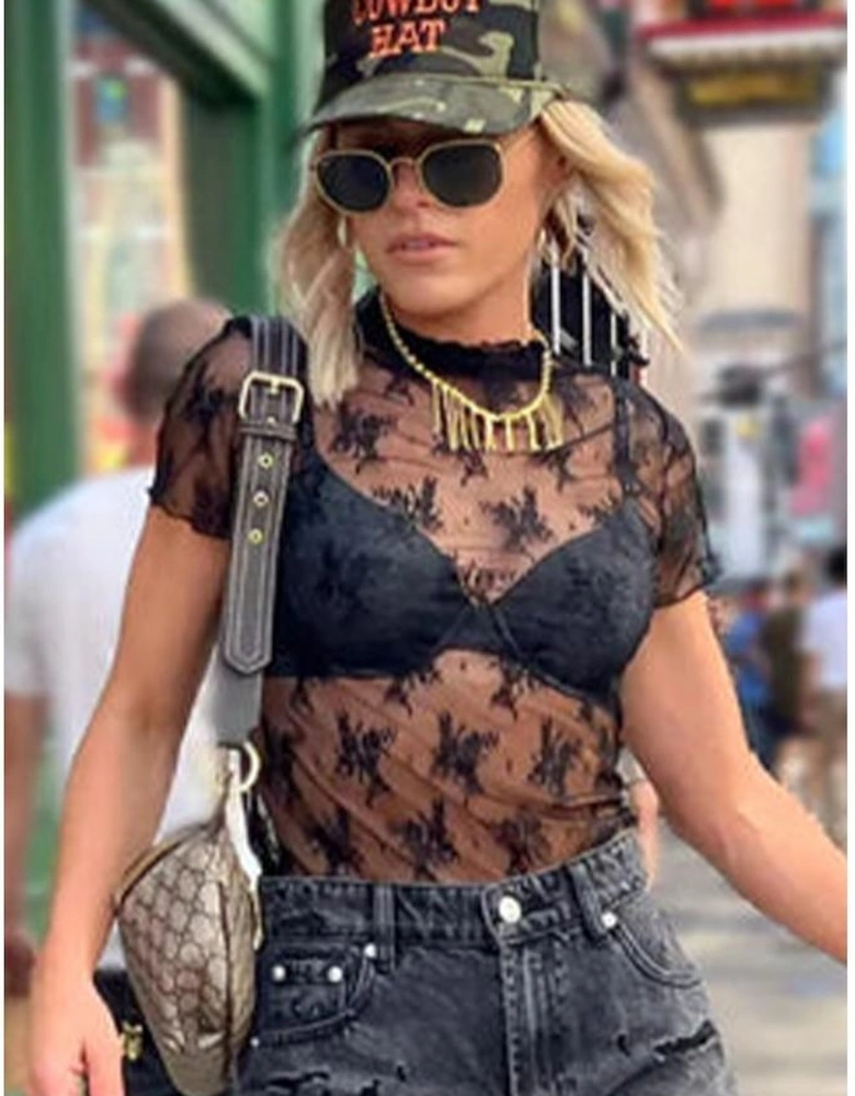 Black Floral Sheer Mesh Short Sleeve Mock Neck Blouse