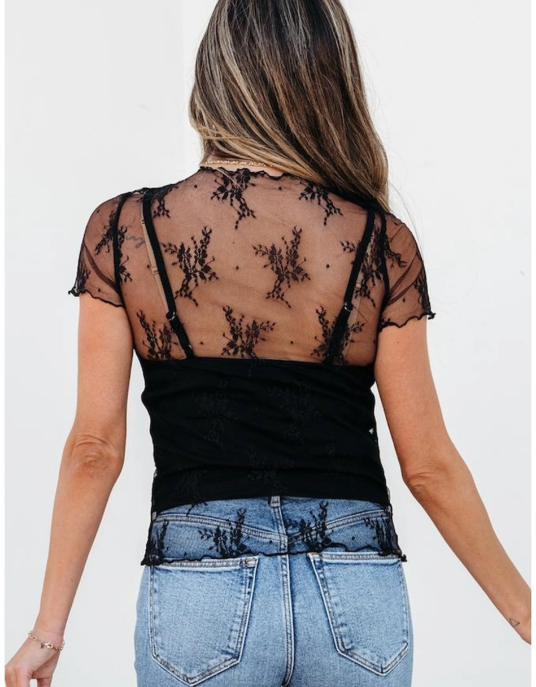 Black Floral Sheer Mesh Short Sleeve Mock Neck Blouse