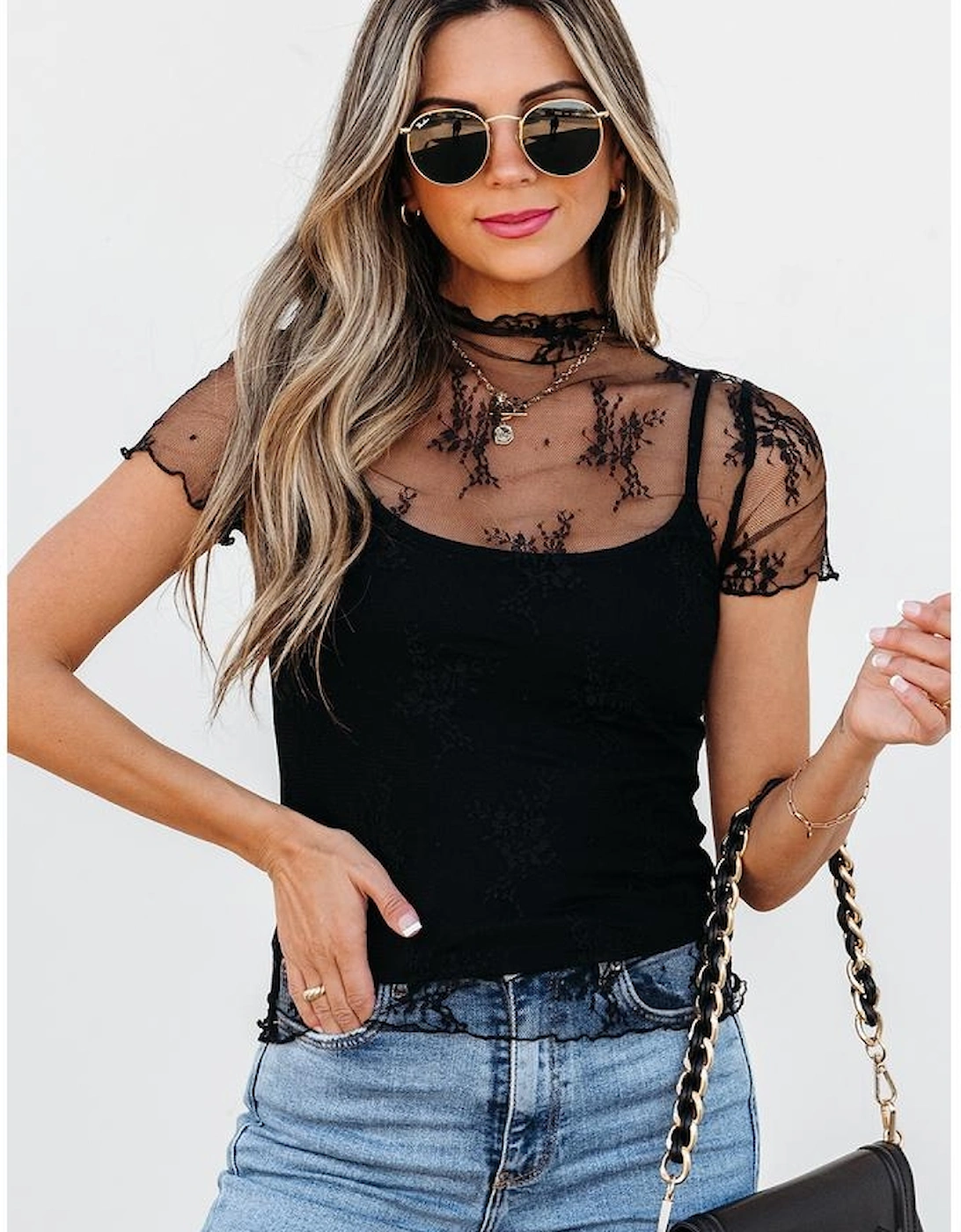 Black Floral Sheer Mesh Short Sleeve Mock Neck Blouse, 16 of 15