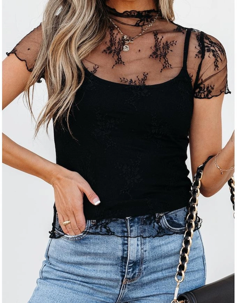 Black Floral Sheer Mesh Short Sleeve Mock Neck Blouse