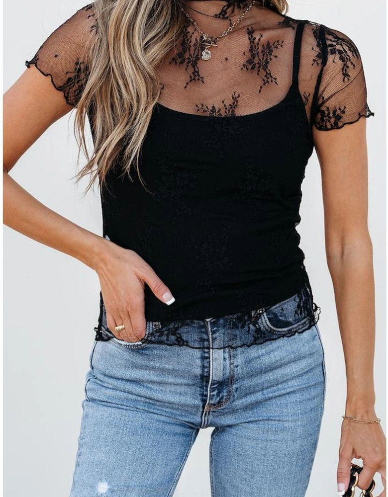 Black Floral Sheer Mesh Short Sleeve Mock Neck Blouse