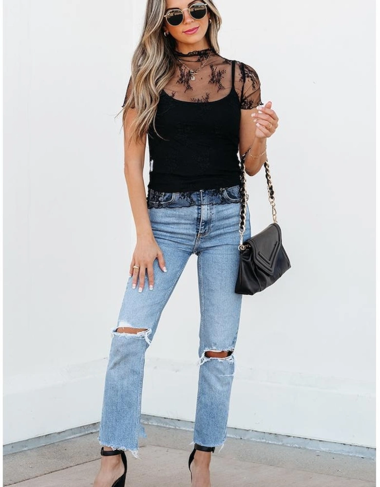 Black Floral Sheer Mesh Short Sleeve Mock Neck Blouse