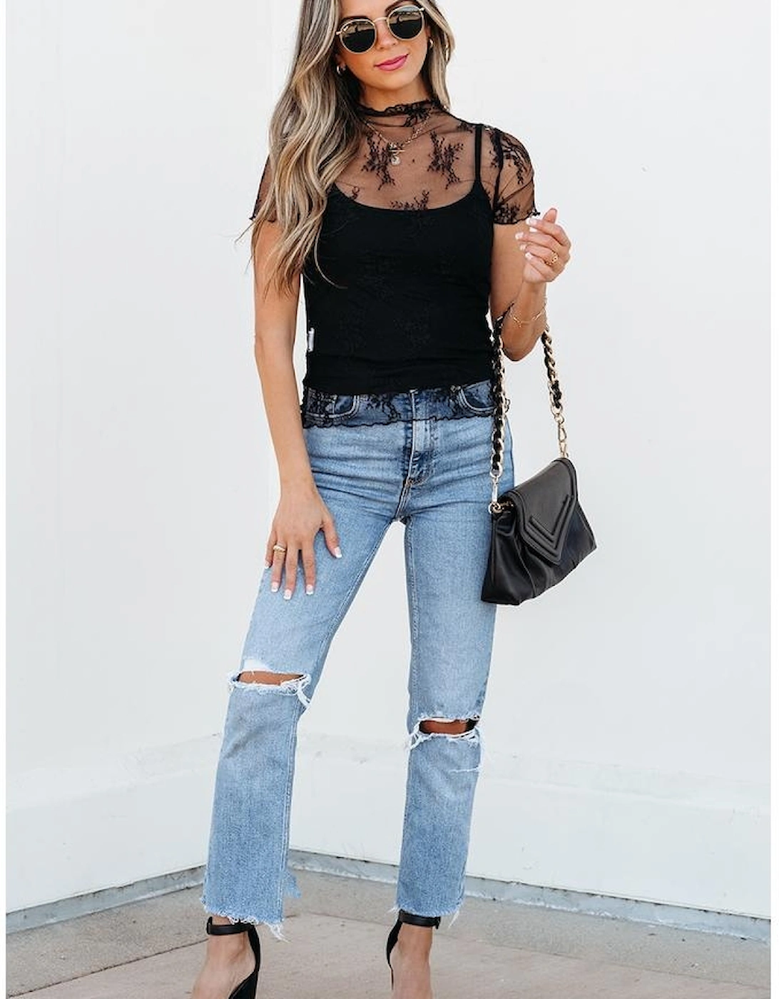 Black Floral Sheer Mesh Short Sleeve Mock Neck Blouse