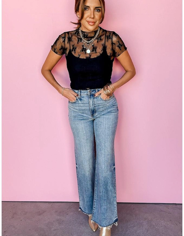 Black Floral Sheer Mesh Short Sleeve Mock Neck Blouse