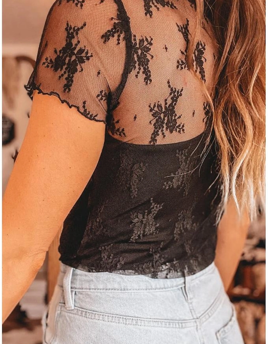 Black Floral Sheer Mesh Short Sleeve Mock Neck Blouse