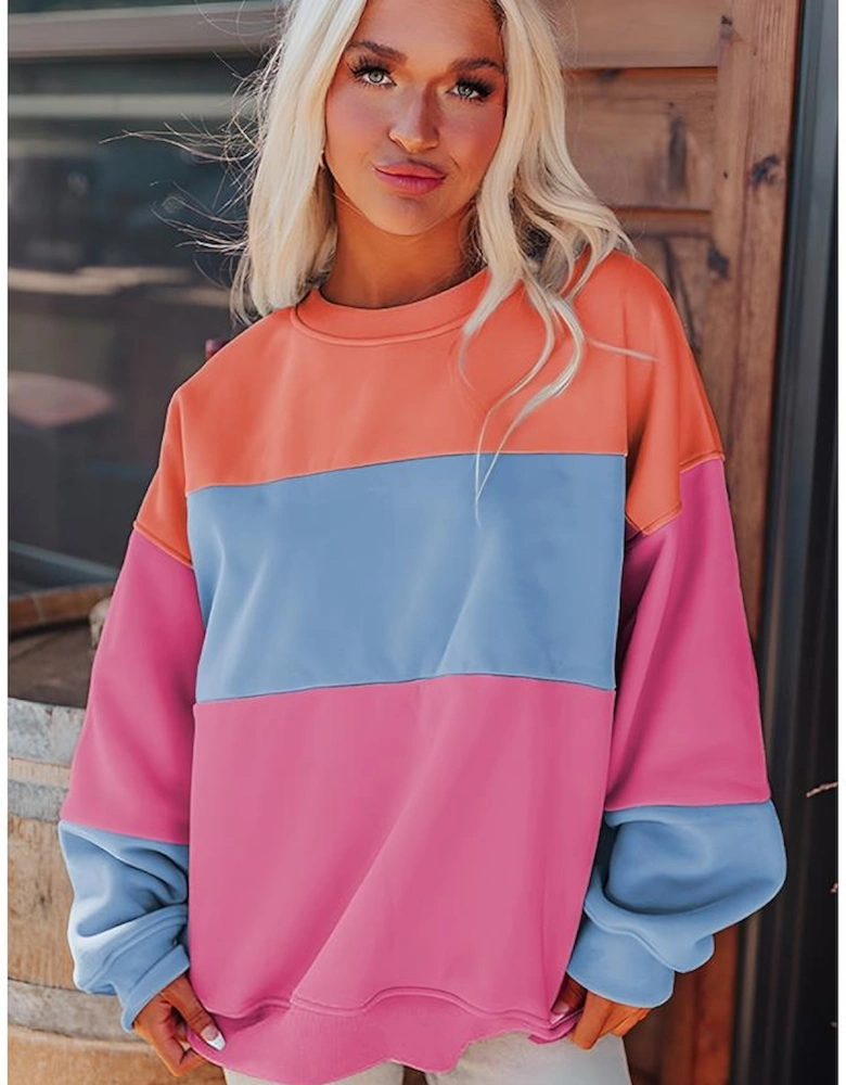 Bright Pink Colorblock Patchwork Drop Shoulder Sweatshirt