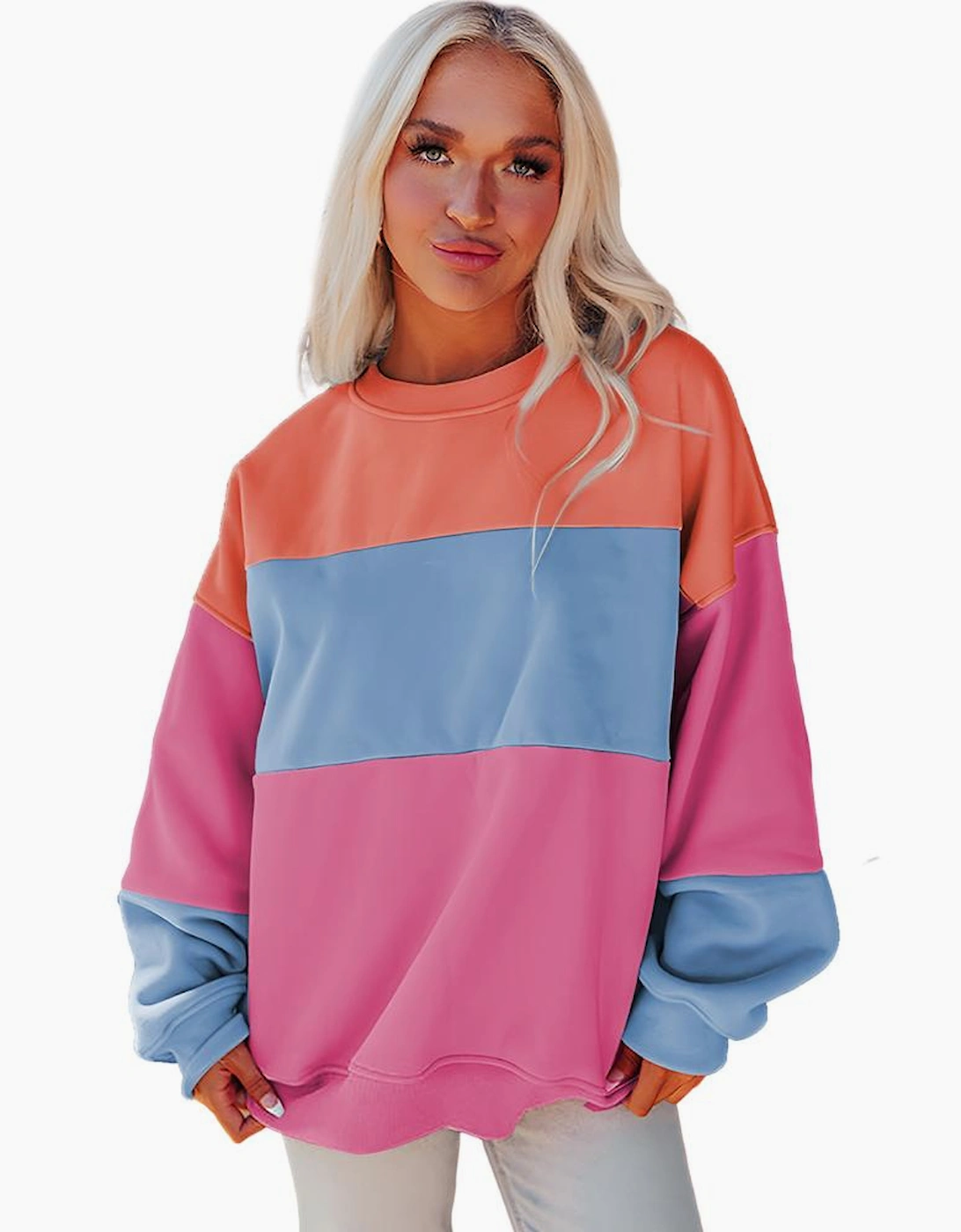 Bright Pink Colorblock Patchwork Drop Shoulder Sweatshirt