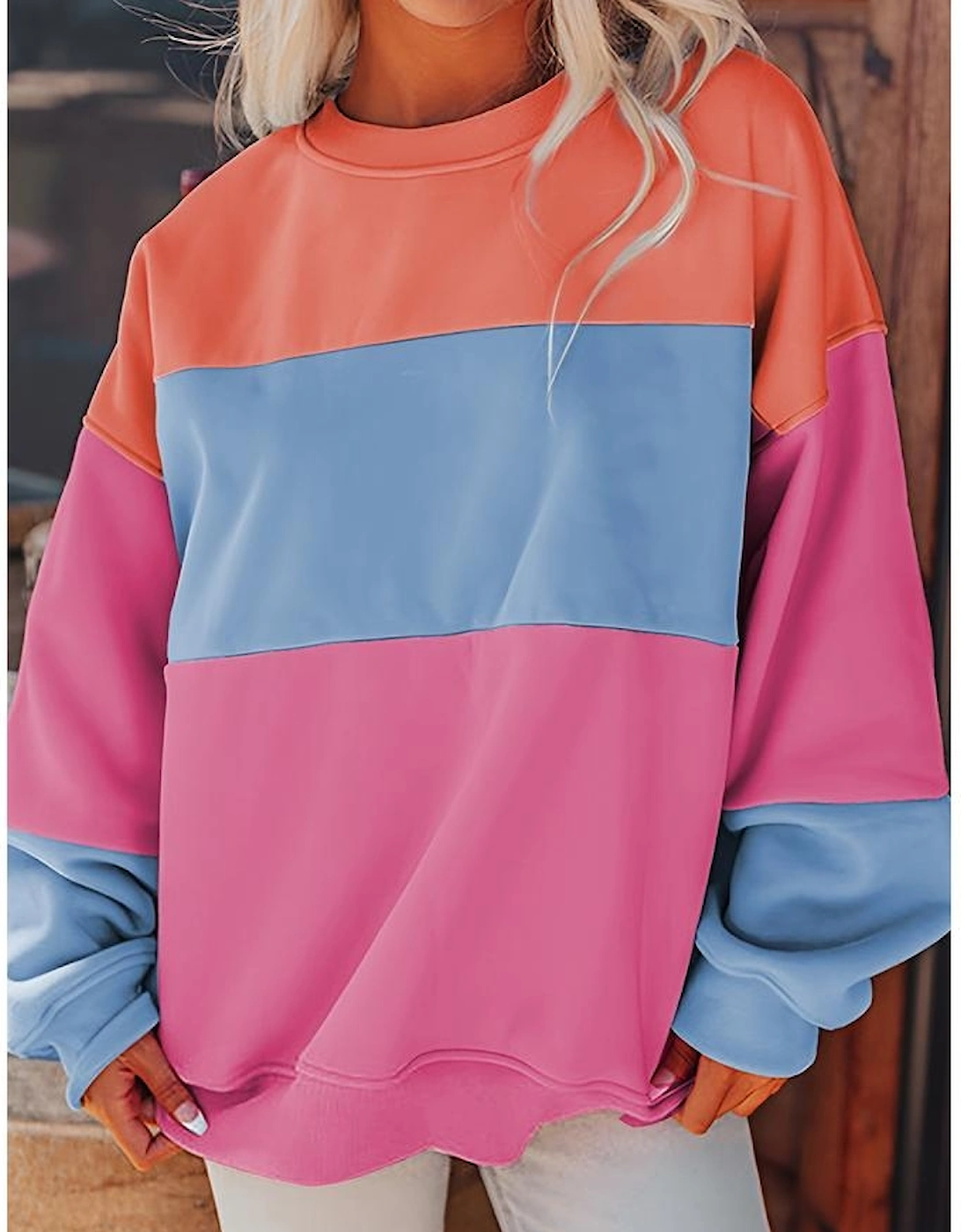 Bright Pink Colorblock Patchwork Drop Shoulder Sweatshirt