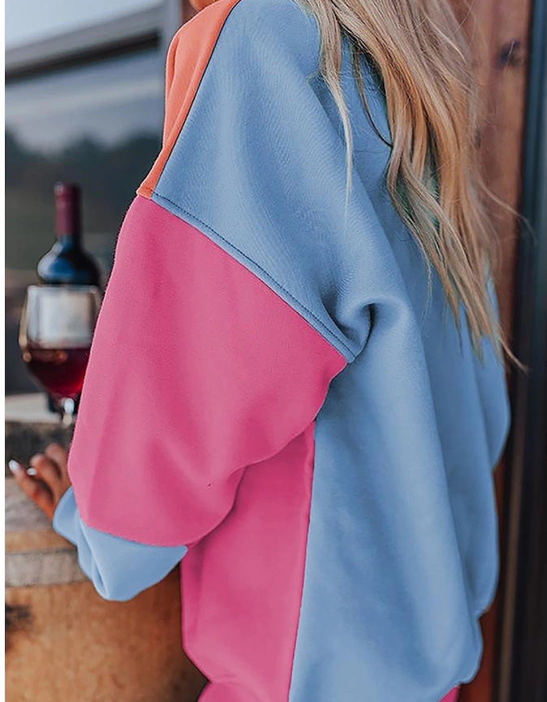 Bright Pink Colorblock Patchwork Drop Shoulder Sweatshirt, 6 of 5