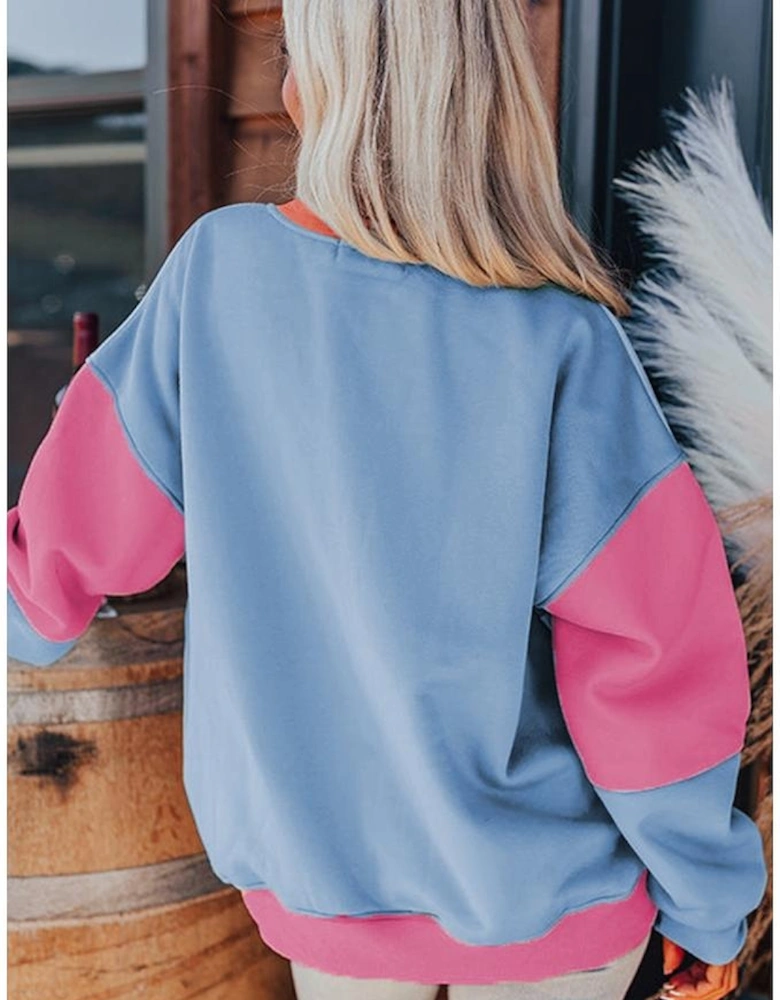 Bright Pink Colorblock Patchwork Drop Shoulder Sweatshirt